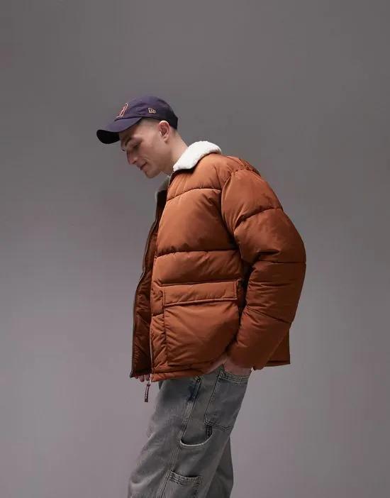 Topman puffer with borg collar in brown