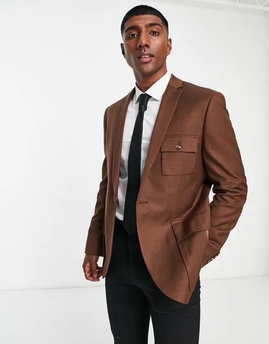 Topman slim utility blazer in dark brown