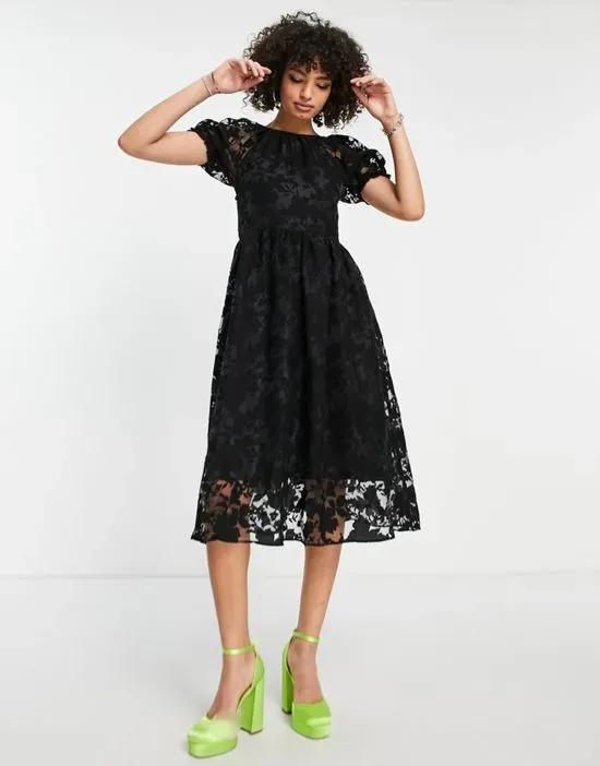 Topshop premium textured midi dress in black