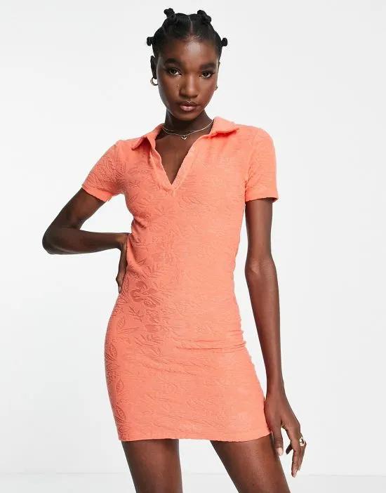 towelling collared mini dress in coral