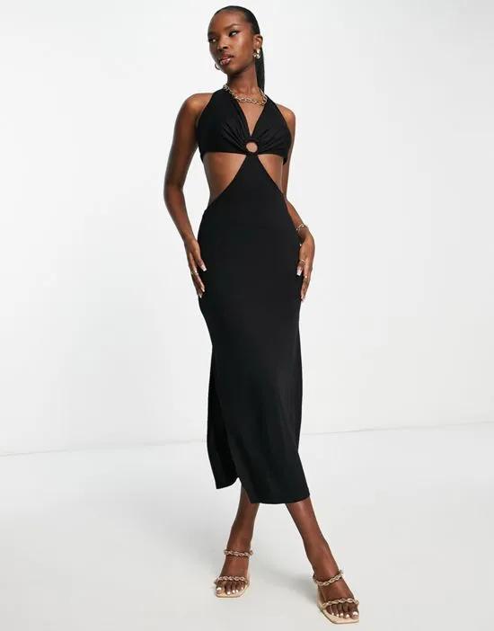 Trendyol halterneck midi dress with cut outs in black
