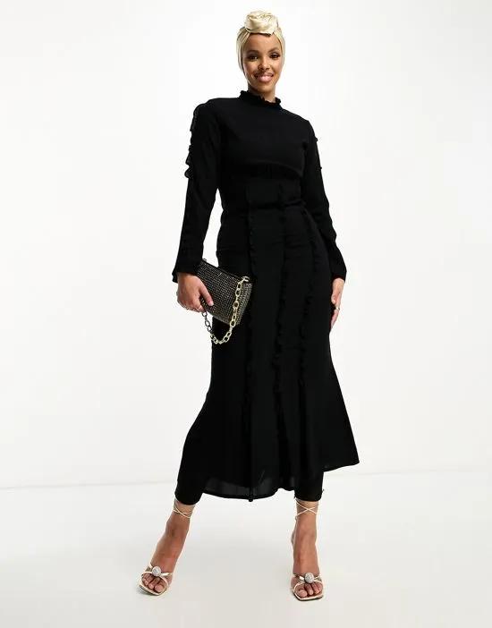Trendyol long sleeve maxi dress with ruffle details in black