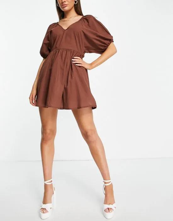 Trendyol puff sleeve mini smock dress in brown