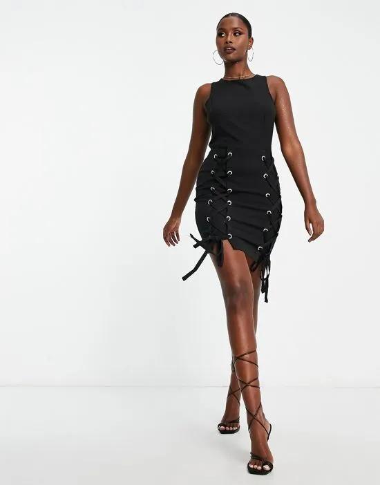Trendyol sleeveless mini dress with lace up detail in black
