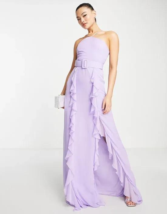 Trendyol slit ruffle halter neck maxi dress in lilac