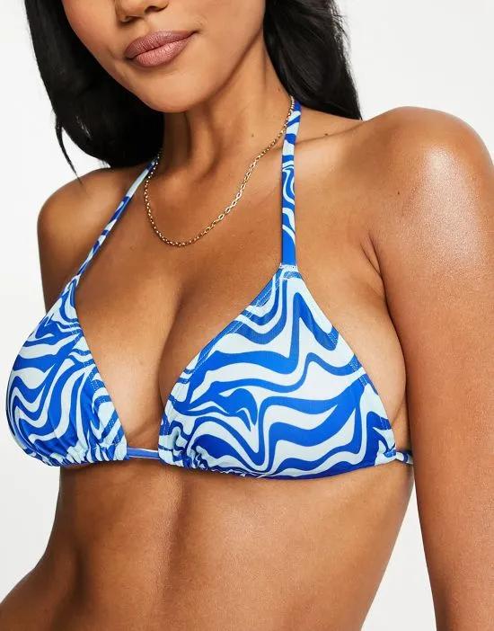 triangle bikini top in blue wavy print