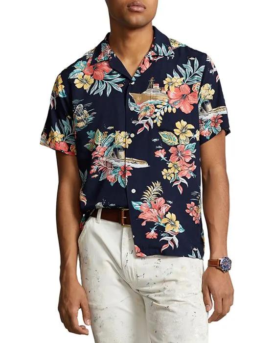 Tropical Floral Print Classic Fit Button Down Camp Shirt 
