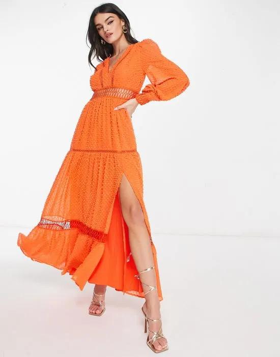 tufted textured lace insert maxi dress in bright orange