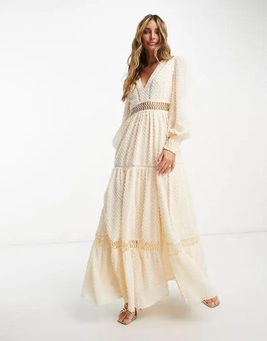 tufted textured lace insert maxi dress in cream