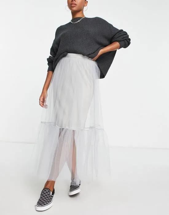 tulle tiered maxi skirt in dove gray