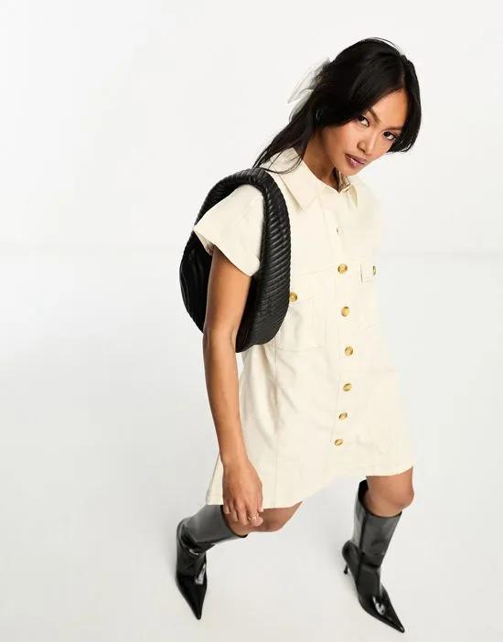 twill boxy sleeveless mini shirt dress with contrast stitch in cream
