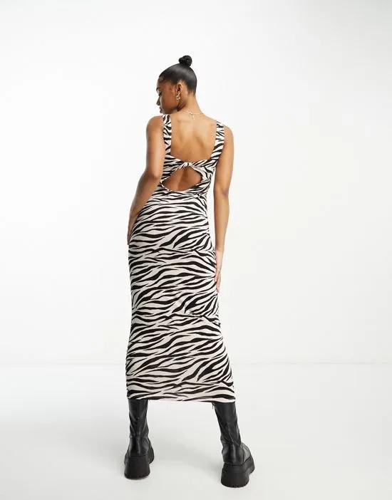 twist back scoop midi dress in zebra print