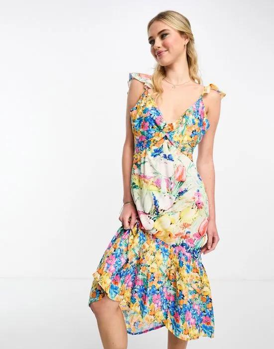 twist front high low midi dress in bright floral