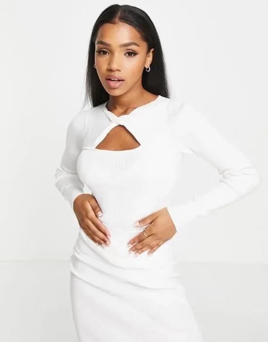 twist front long sleeve crop top in rib - part of a set