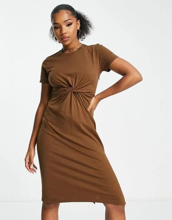 twist front midi dress in brown