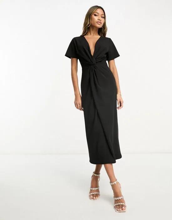 twist front midi dress with short sleeve in black