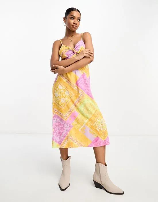 twist front midi slip dress in multicolor scarf print