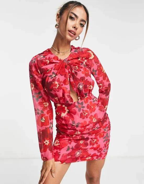 twist front mini dress in red floral