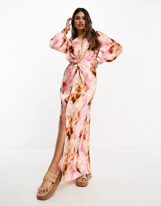 twist front watercolor print maxi dress in pink