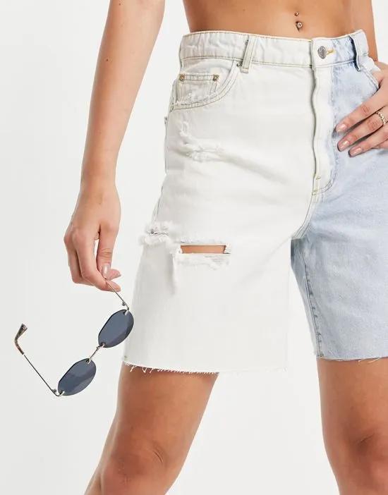 two tone boyfriend denim shorts with rips in blue and white