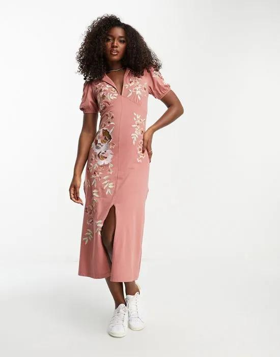 ultimate midi tea dress with collar and floral embroidery in rose
