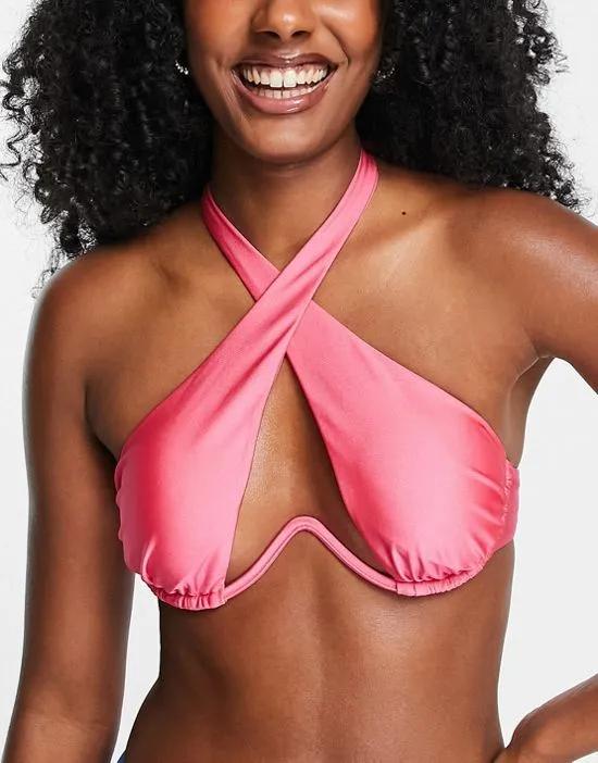 underwire halter wrap bikini top in bright pink