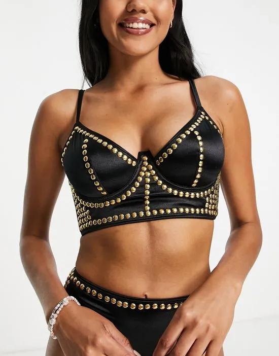 underwired longline bikini top with gold detail in black