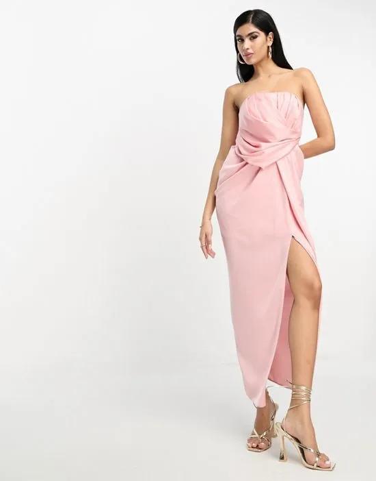 US Exclusive satin bandeau midi dress with drape twist detail in light pink