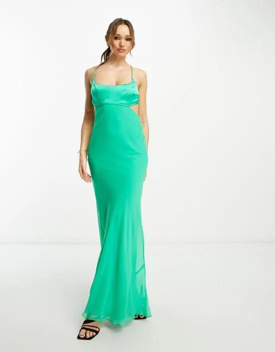 US Exclusive satin mix cami cut-out waist maxi dress with cross strap detail in bright green