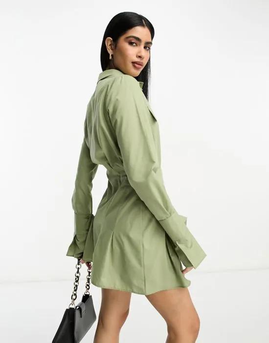 utility mini shirt dress with nipped in waist and pocket detail in khaki