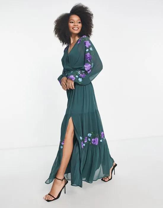 v neck batwing chiffon maxi dress with embroidery detail in pine green