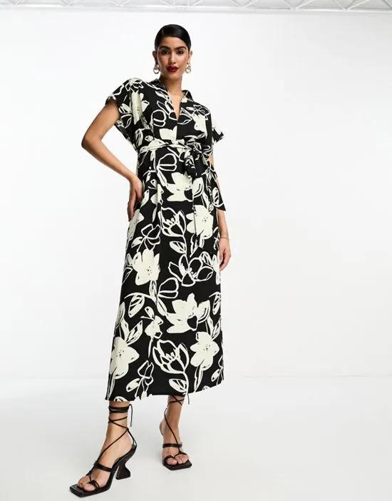 v neck belted midi dress in mono painted floral