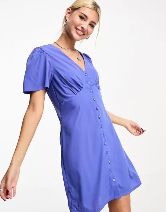 v-neck button down mini dress in blue