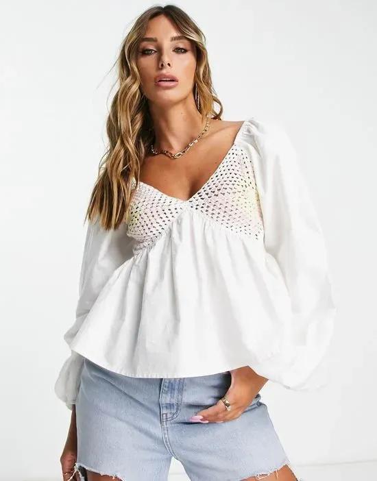 v neck crochet top with frill sleeve and peplum hem in mixed pastel