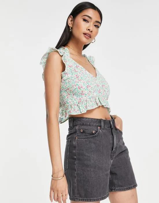 v neck cropped top with frill detail in floral print