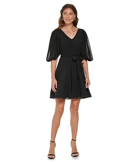 V-Neck Fit-and-Flare Dress with Balloon Sleeve