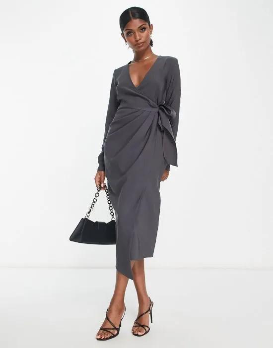v neck midi dress with twist wrap detail in charcoal