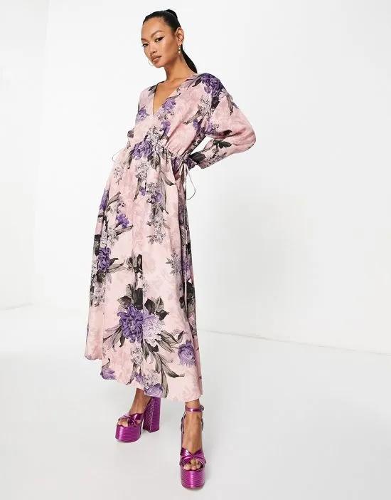 v neck oversized midi dress with drawstring in dusky pink print