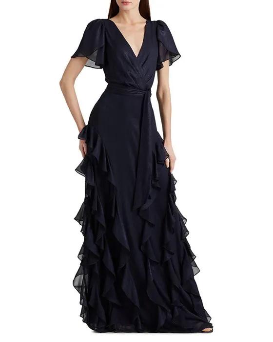 V Neck Ruffle Trim Gown