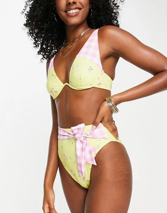 v wire bikini top in mixed floral and gingham print