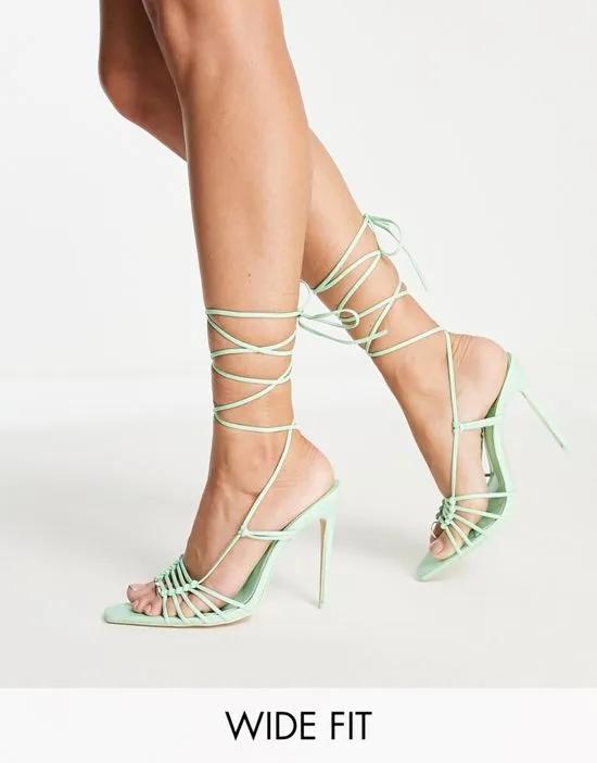 Valencia pointed toe heel sandals with ankle tie in mint
