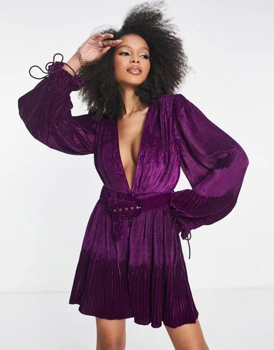 velvet belted mini dress with kimono sleeve in purple