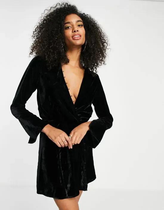 velvet bias cut drape mini dress with button detail in black