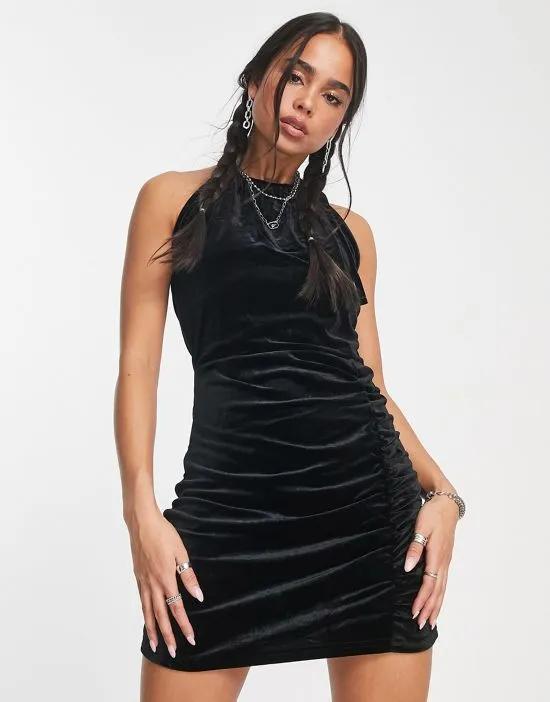 velvet halter neck mini dress in black