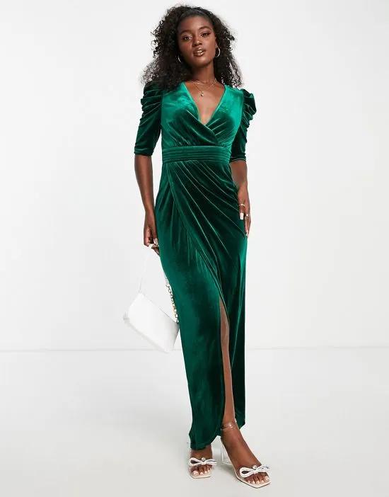 velvet maxi dress with thigh split in emerald green