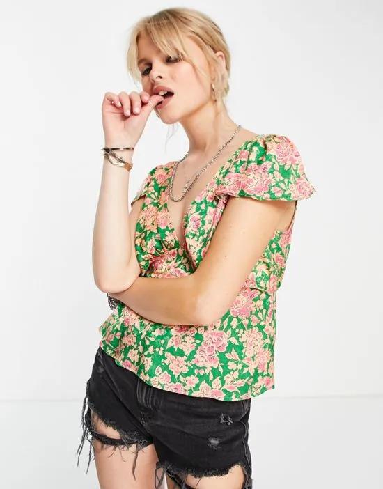 vintage style floral jacquard cap sleeve tea top in pink and green