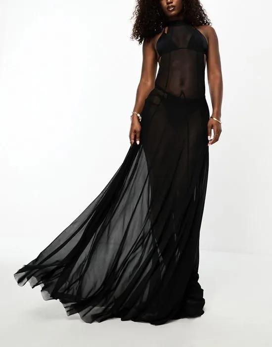 volume maxi beach dress in black mesh