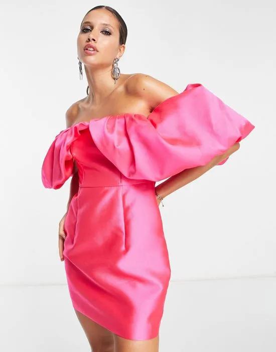 volume sleeve satin mini dress in hot pink