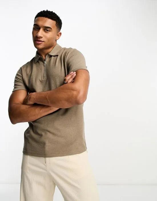 waffle polo with zip in brown