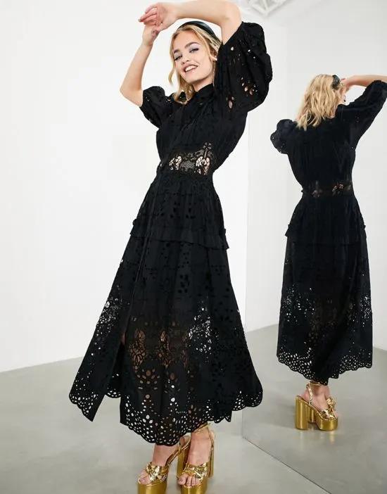 waisted broderie midi shirt dress with puff sleeve in black